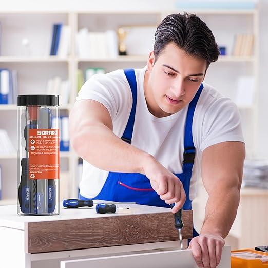 SORAKO 11-Piece Magnetic Screwdriver Set, 5 Phillips and 5 Slotted Tips, Include Magnetizer, Screwdriver with Professional Non-Slip Grip, for Home Repair and DIY Projects,With Case