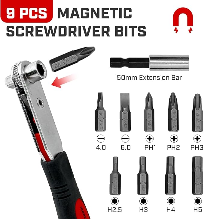 Angle Ratchet Screwdriver Set: 16 Piece Magnetic Bit & Socket with 90 degree Mini Offset Low Profile Reversible Drive Handle - DIY Bike Tight Spaces