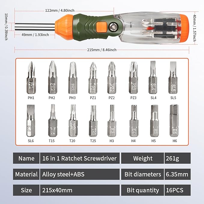 16-in-1 Multibit Ratcheting Screwdriver - All in One Screwdriver Set with Flat Head/Philips/Torx/Hex/Square/Repair Kit, 60 Degree Pivoting Adjustable Angle Magnetic Screw Driver Set (Orange)