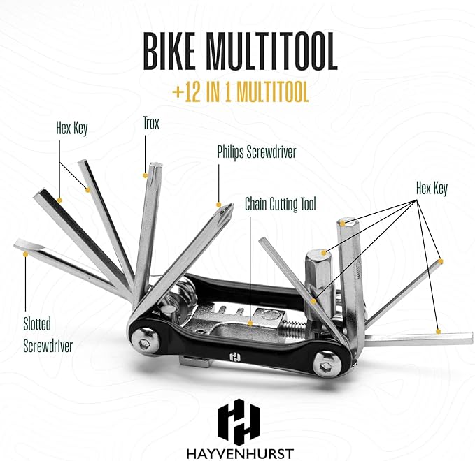 Bike Multitool - Bike Tool Kit -12 In 1 Lightweight Stainless Steel Bicycle Multi tool - Safety Locking, Survival Gear With Hex Key, Screwdriver, Chain Cutting Tool by Hayvenhurst