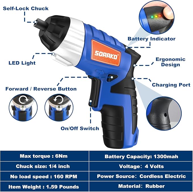 Electric Screwdriver, SORAKO Cordless Screwdriver Rechargeable 4V Max, Power Screwdriver with LED Light, 1300mAh Battery Screwdriver 6 Nm 30 PCS Screw Gun Accessories for Home DIY, Car Repair