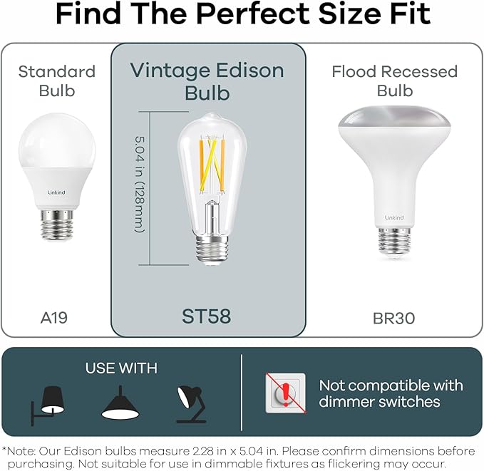Linkind Smart Edison Bulbs, 2700K-6500K Tunable WiFi Edison Bulbs with Remote Control, 8W 60W Equivalent Dimmable ST19(ST58) Vintage Light Bulbs 800lm, Compatible with Alexa & Google Home, 6-Pack
