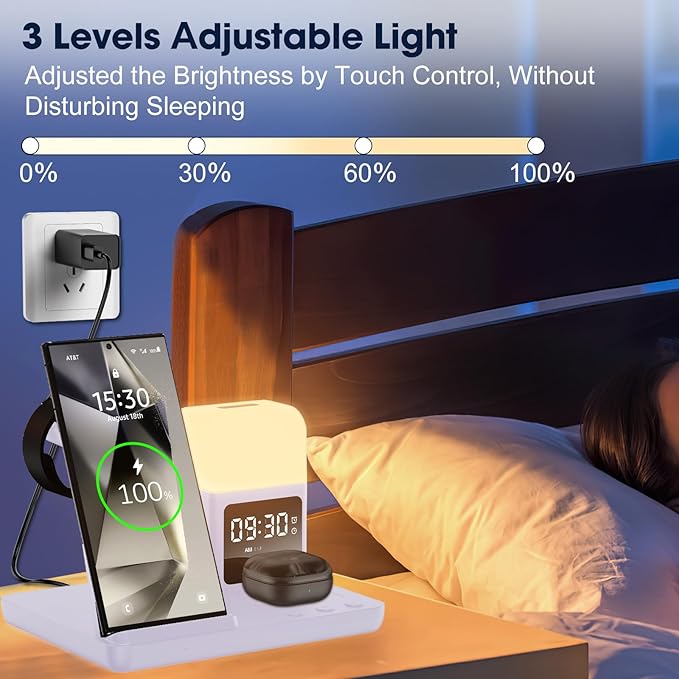 Wireless Charger for Samsung/Android, 6 in 1 Phone Nightstand Charging Station Charger with Alarm Clock/Night Light for Samsung S25/S24/S23 Ultra/Buds3 Pro,Watch Charger for Galaxy Watch 8/7/6-Purple