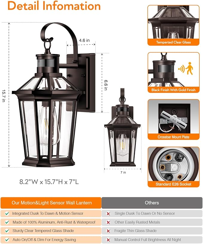 VIANIS Motion Sensor Outdoor Lights, 2 Packs Oil Rubbed Bronze Dusk to Dawn Outdoor Wall Lights Exterior, 100% Anti-Rust Aluminum Front Porch Wall Lantern, Modern Outdoor Wall Sconce for House, E26