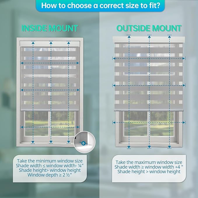 DENFOON Motorized Zebra Blinds, Solar Powered Dual Layer Automatic Shades with Remote Control, Rechargeable Smart Blinds Horizontal Wireless Electric Shades for Windows, Custom Size, Gray, 36 x 72