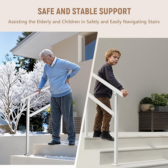 Hand Rails for Outdoor Steps,2-3 Step Railing for Stairs,Adjustable Porch Railing,Hand Rails for Seniors,Outdoor Deck Handrails for Exterior Steps,White