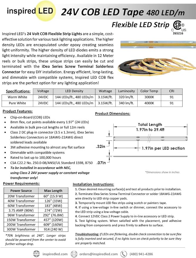Inspired LED COB LED Strip Lights Warm White 3000K, 19.6ft Premium High Density 24V Tape Light, 2880 LEDs, 320+ LM/ft, CRI 90+, UL Listed (Power Supply Not Included) (24V Warm White)