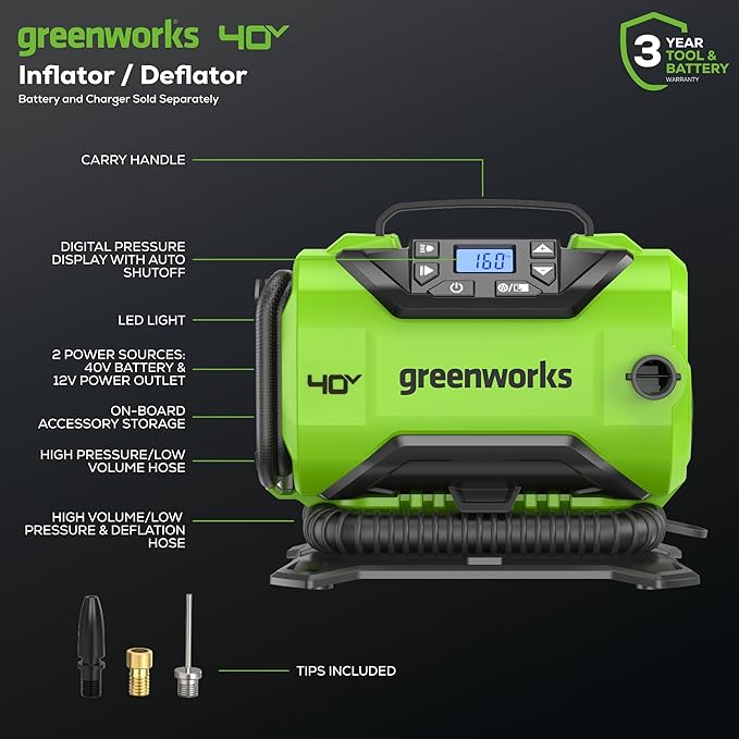 Greenworks 40V Cordless Tire Inflator, 160 PSI Portable Air Compressor, 2 Power Sources, Auto Shut Off, for Car, Bicycle, Motorcycle, Inflatables With 2.0 Ah USB (Power Bank) Battery & Charger