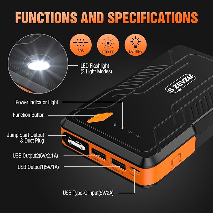 S ZEVZO Jump Starter 1000A Peak Portable Jump Starter for Car (Up to 7.0L Gas/5.5L Diesel Engine) 12V Auto Battery Booster Pack with Smart Clamp Cables, USB Charge, LED Flashlight Jump Box