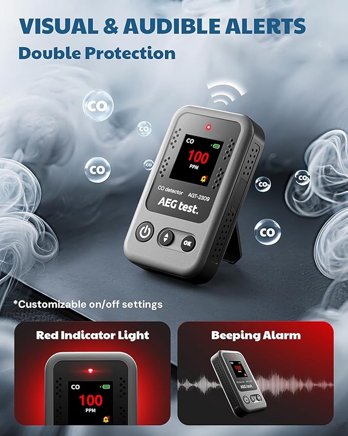 AGT-2309 Portable Carbon Monoxide Detector, 15-Day Standby, Rechargeable Mini CO Monitor with Lanyard for Travel & Camping, Handheld CO Meter with Audible & Visual Alerts, 0-1000ppm - Gray
