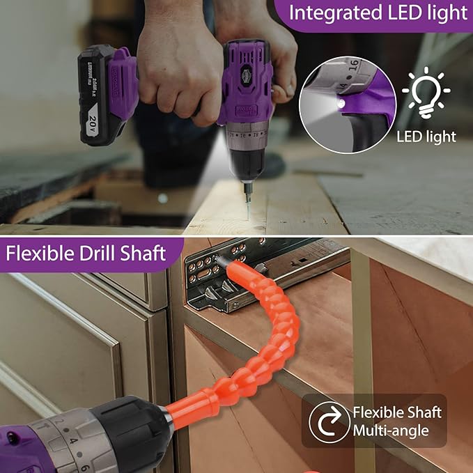 Brushless Cordless Drill Set, 20V Compact Power Driver, Purple Electric Motor, 20+3 Torque Setting, 48 N.m, 2 Variable Speed, 23pcs Driver Bits, With Tool Box