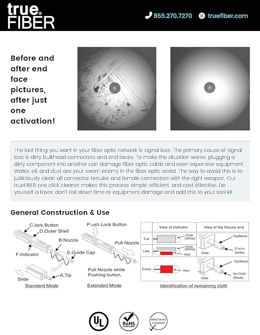 trueCABLE Fiber Optic Dual Position Pen Click Cleaner, SC/ST/FC, 800+ Cleans, UPC/APC Connector Ferrules, 2.50mm, 1 pc