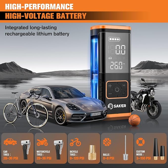 Saker Tire Inflator Portable Air Compressor - 150PSI Car Tires Air Pump with Tire Pressure Gauge Led Light, 7500mAh Battery & 12V DC Smart Tire Inflator for Car, Motorcycle, Bike Tire, Ball
