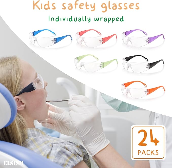 24 Pack Kids Safety Glasses in 6 Colors, UV Protection Eyewear for Children, Impact & Ballistic Resistant Protective Goggles with ANSI Z87+ Standards, for Science/Nurf Party/School/Landscaping