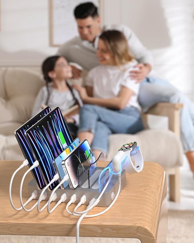 SooPii Premium 6-Port USB Charging Station Organizer for Multiple Devices, 6 Short Charging Cables and One Upgraded i-Watch Charger Holder Included, for Phones,Tablets and Other Electronics, Silver