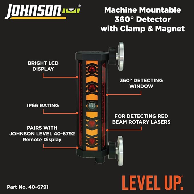 Johnson Level & Tool 40-6791 Machine Mountable 360 Degree Detector with Clamp and Magnet, 360°, Red Beam, 1 Laser Detector