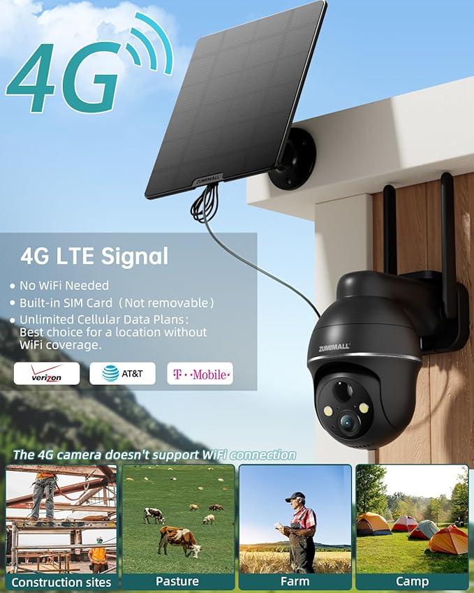 ZUMIMALL 4G LTE Cellular Solar Security Camera Wireless Outdoor, 2K No WiFi Security Camera Solar Powered with Color Night Vision, 2-Way Talk, Motion Alert, Cloud, SIM Included(US Version)