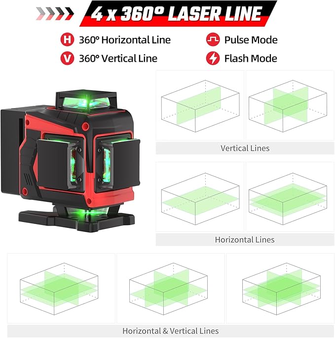 Laser Level with Tripod, 4x360° Green Line Laser Tool with Self-Leveling & Manuel Models, Remote/Touch Control, Rechargeable Battery for Picture Hanging, Tile, Home Renovation (Bag Included)