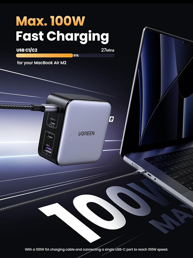 UGREEN 100W USB C Charger, Nexode 4-Port GaN Foldable Compact Fast Laptop Charger Power Adapter for MacBook Pro/Air, iPad Pro, iPhone 16 Pro, Galaxy S25/S24, Steam Deck, Google Pixelbook, and More