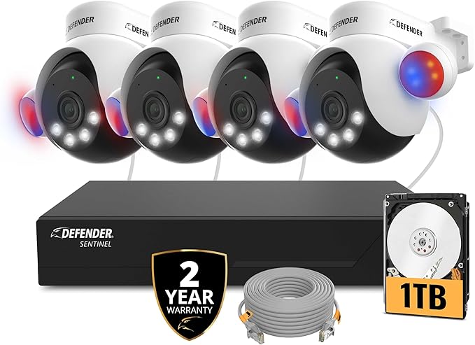 Defender Exclusive Bundle: AI Powered Sentinel 4K Wired Security Camera System, 360° PTZ Security Camera System, AI Tracking, Human Detection, Blue/Red Lights, Color Night Vision | 4 Cameras 1TB