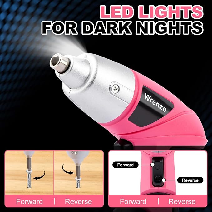 116 Pieces Pink Cordless Electric Screwdriver 3.6V Set Cordless & Rechargeable with Driver Bit Set for women 1500mAh Battery, LED Light for Furniture/Electrical Repairs