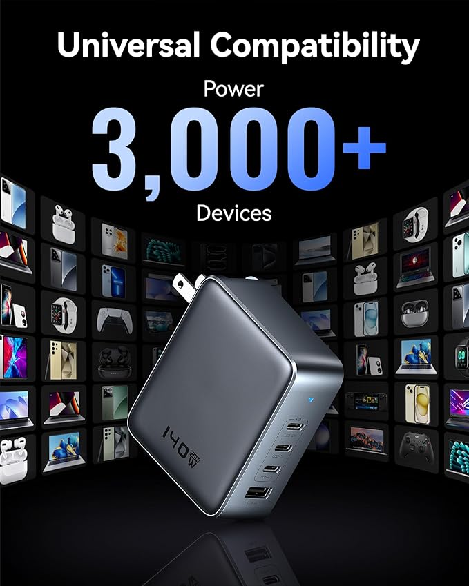 USB C Charger Block 140W, 4 Ports GaN Charger USB C Fast Charging Station Foldable Compact Wall Charging Power Adapter for MacBook Pro, iPhone 16/15, iPad, Galaxy, Steam Deck, Google Pixelbook