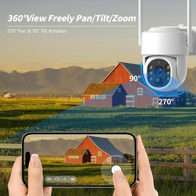 4G LTE Cellular Solar Security Camera, No WiFi Solar Powered Security Camera Outdoor, 360° Live View, 2K Color Night Vision, PIR Motion Detection, 2 Way Talk, Built in SIM Card