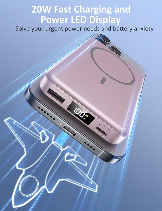 Magnetic Portable Charger, 10000mAh Power Bank, 5 in 1 Portable Charger with Built in Cable, 20W Fast Charging for Magsafe Battery Pack Compatible with iPhone 16/15/14/13 Pro/Pro Max, Samsung Series
