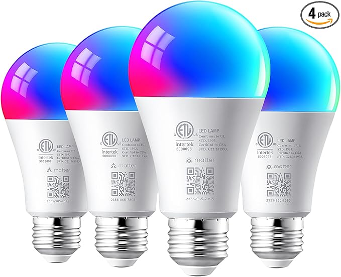 EDISHINE Matter Smart Light Bulbs, Smart Bulbs Work with Apple Home/Alexa/Google Home/SmartThings, RGBTW Color Changing Light Bulb Music Sync, 2.4GHz WiFi Bulb, 800LM Equivalent 60W, A19, E26, 4PCS