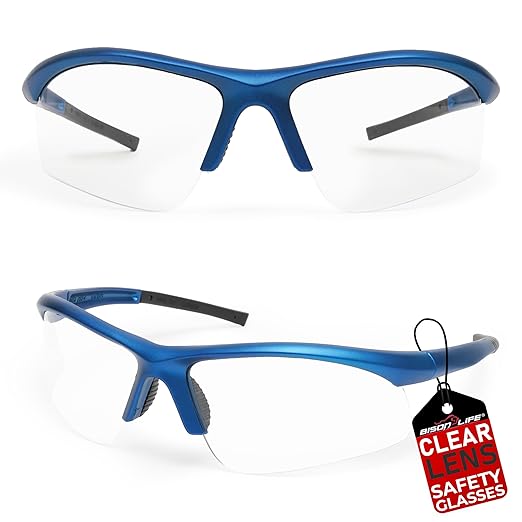 BISON LIFE Sport MTX Clear Safety Glasses with Blue Temple, ANSI Z87+, Impact Resistant, Anti-Scratch UV Protection Lens for Shooting, Yard Work, Cycling, and Outdoor Activities (1 Pack)