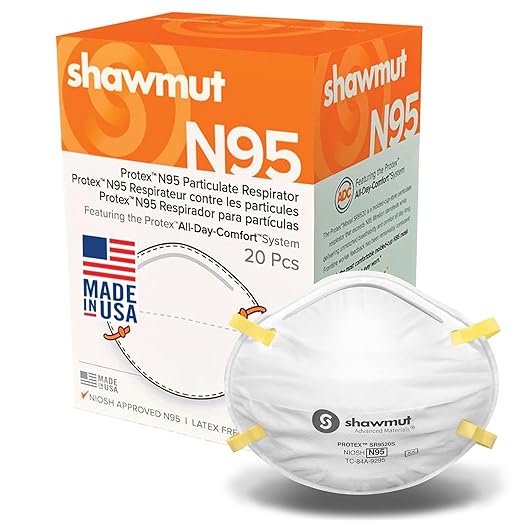 Shawmut Protex™ N95 Mask Particulate Respirators NIOSH Approved Made in the USA, Protective Face Mask, SMALL size, 1 Pack of 20 (Approval Number TC-84A-9295 / Model SR9520S)