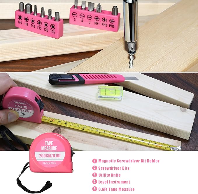 ZUZUAN 25pc Pink Tool Set Household DIY Tool Kit for Women with Easy Carrying Small Mini Tool Box, Perfect for DIY, Home Maintenanc