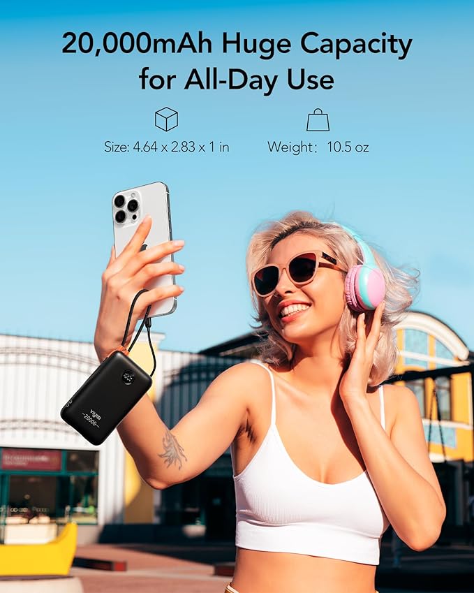 Portable Charger 20000mAh 30W Fast Charging, Power Bank with Built-in Cables & LED Display, USB C Battery Pack for iPhone 16/15/14/13, Samsung, iPad and Android Phones, Ideal for Travel -Black