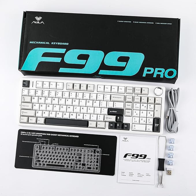 EPOMAKER X Aula F99 PRO Wireless Gaming Keyboard with 8000mAh Battery, Hot Swappable Creamy Keyboard, 2.4GHz/Type-C/BT5.0, NKRO, RGB Backlit for Win/Mac/Gaming (Black&Grey&White)