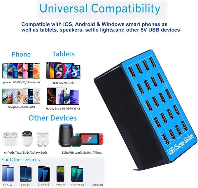 MaxLax USB Charging Station, 20-Port 100W/20A Multi-USB Charger Station for Smartphones, Tablets, and Other Devices