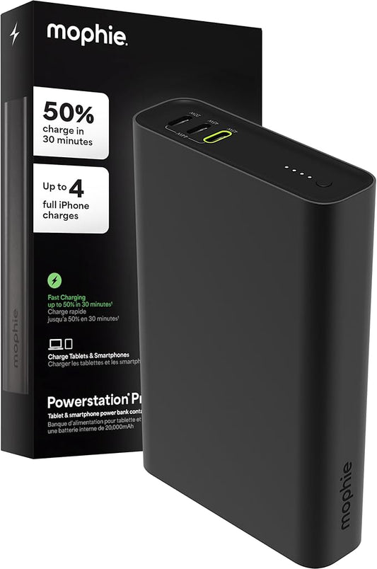 Mophie Powerstation Pro 20,000mAh Power Bank (Gen 3) – Ultra-Fast USB-C PD, 45W Output, Charges 3 Devices, Up to 4 Phone Charges, LED Indicator, Premium Anodized Aluminum Body, Black