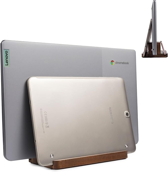 S&A WOODCRAFT 3 Slots Acacia Wood Vertical Laptop Stand, Adjustable Wooden Laptop Holder, Non-Slip Laptop Dock Compatible with Apple MacBook, Microsoft Surface, Gaming Laptops, IPad, Tablets