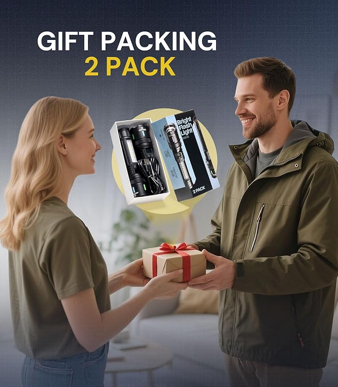 Esgreen 2 Pack Rechargeable Flashlights High Lumens 2000, Single Click Bright Flashlight Long Lasting 12H, Compact Handheld Strong LED Flash Light USB C, White & Red Light, for Hiking Camping Gift