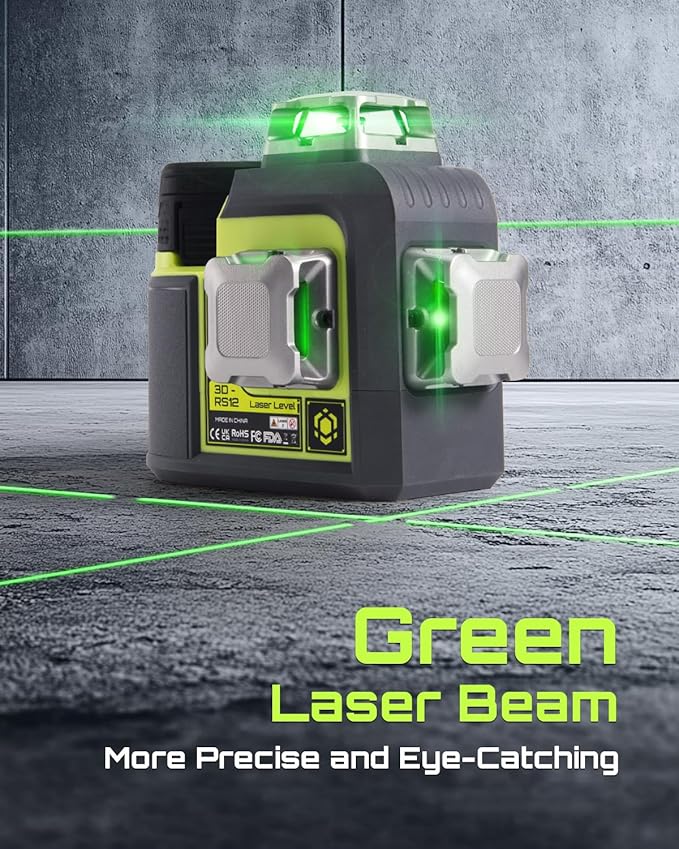 3D-RS12 Laser Level 3x360° Green Beam for Construction and Picture Hanging, Self-Leveling 3D Laser with 2 Rechargeable 11.1V Batteries (24 Hrs), Magnetic Liftable Stand, Type-C Cable