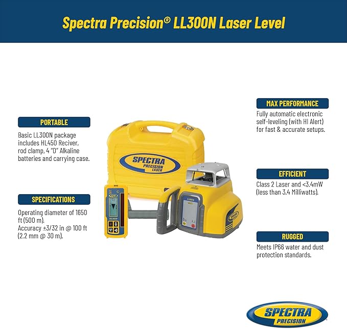 Spectra Precision LL300N Laser Level, Self Leveling Kit with HL450 Receiver, Clamp, Alkaline Batteries Black