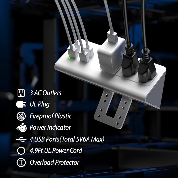 Nightstand Edge Mount Power Strip with USB-C Ports Tabletop Surge Protector Desk Clamp Power Sockets with 3 AC Outlets &4 Fast Charging USB Ports for Home Office Hotel and Dormitory