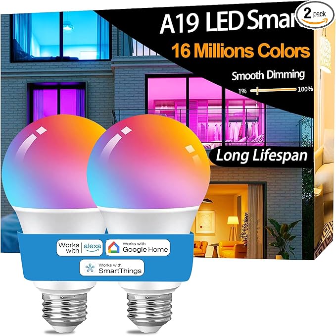 Vinaco A19 Smart LED Bulb 9W 800LM, 60W Equivalent, RGB Color Changing Light Bulb Work with Alexa & Google Assistant, WiFi Bluetooth Light Bulbs E26 Base, Smart A19 Dimmable Light, No Hub Needed