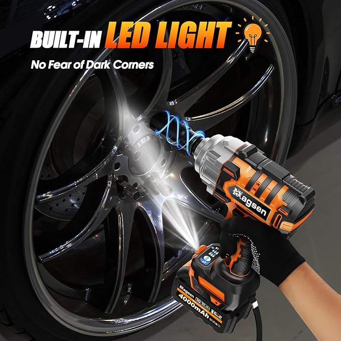 1/2 inch Cordless Impact Wrench, 900Ft-lbs (1200N.m) High Torque Brushless Impact Gun,3800RPM,2x4000mAh Battery, 6 Sockets,LED Light,Electric Impact Motor Variable Speeds for Car/Mower/Pickup