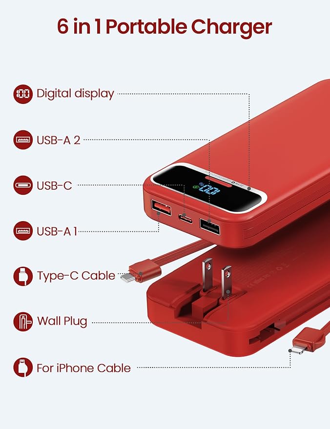 12000mAh Lightweight-Portable-Charger-Power-Bank with Built-in Cables and AC Wall Plug, PD20W USB-C Fast Charging Battery Pack, LED Display External Travel Phone Charger for All iPhone,Samsung,Android
