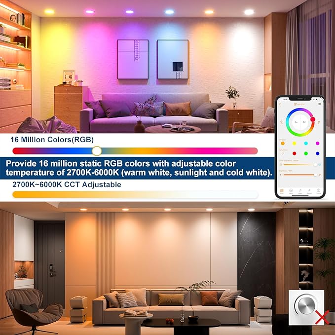 Smart Recessed Lighting 4 Inch Black RGBCW Color Changing 12W LED Downlight with Junction Box,1000 Lumen Recessed Ceiling Light Compatible with Alexa,Dimmable by Bluetooth Control -6Pack