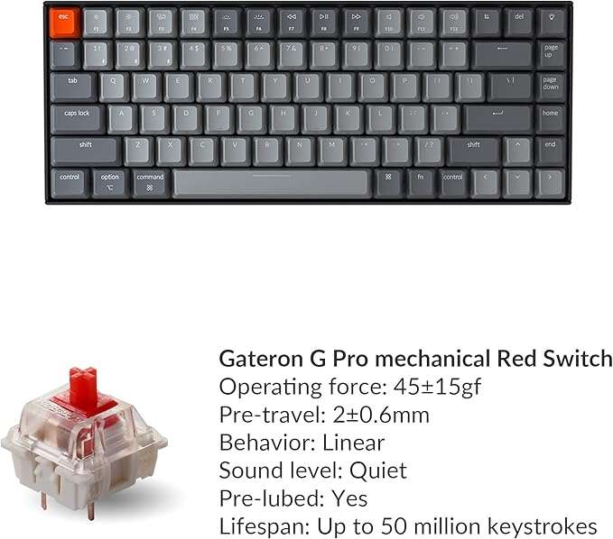 Keychron K2 75% Layout RGB Bluetooth Wireless Mechanical Keyboard with Gateron G Pro Red Switch/Anti Ghosting/N-Key Rollover, Compact 84 Keys USB Wired Gaming Keyboard for Mac Windows-Version 2
