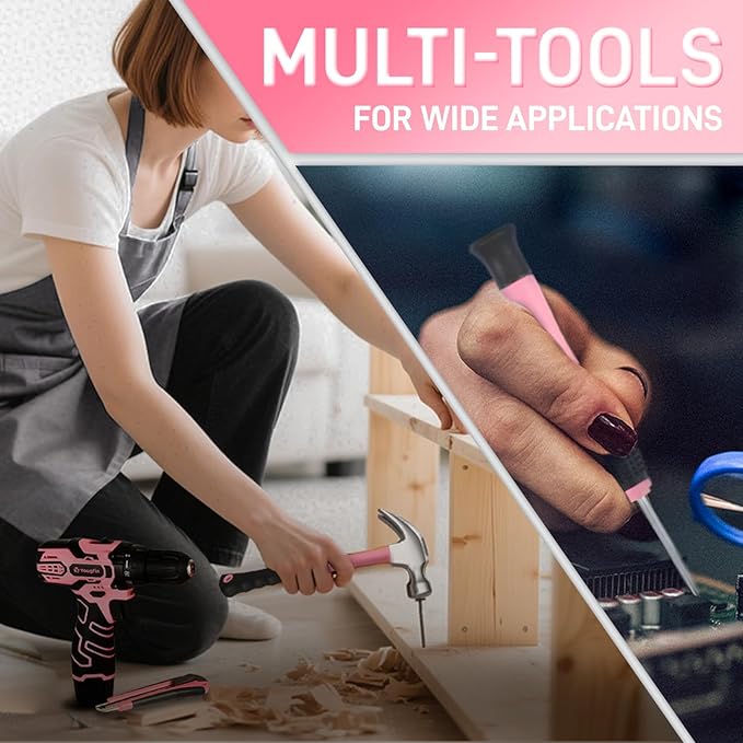 YOUGFIN Pink Drill Set for Women, Tool Kit with Drill 12V or Home Office Repairing & Improvement, Household Drill Set Power Tool with Pink Tool Box 195 Pieces