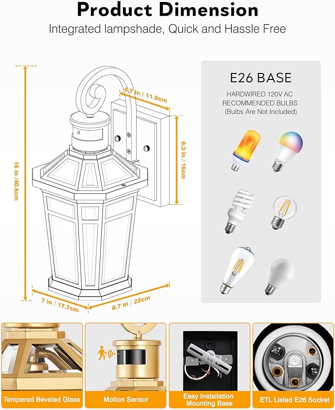 Motion Sensor Outdoor Wall Lights, 2-Pack Outdoor Porch Lights Wall Mount, Gold Exterior Wall Sconce Lantern, Anti-Rust Patio Wall Light Fixture, Outside Garage Lights, Adjustable Sensitivity