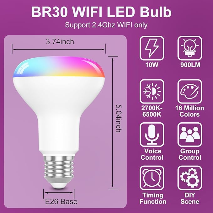 Smart Light Bulbs,BR30 Smart Bulbs Compatible with Alexa,Flood Light Bulbs 10W 900LM,RGBCW Color Changing Light Bulb,2.4Ghz WiFi Bulb,APP Dimmable E26 Base,4Pack