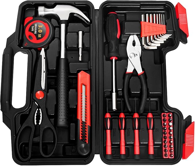 39 Piece Home Tool Kit General Household Hand Tool Set small tool box with Toolbox Storage Case for Everyday Home Repairs, Mini Tool kit for Women (Red)